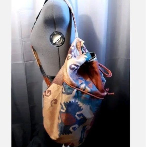 Southwestern Cowgirl Bucket Tote Sling Bag Aztec Print Rust Brown Blue Green Lrg - Picture 2 of 9